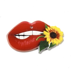 Pendentifs acryliques, lèvre avec des breloques de tournesol, rouge, 22.5x36.5x2.3mm, Trou: 1.6mm