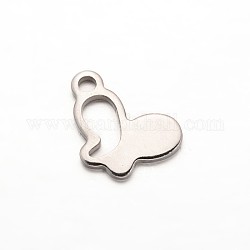 Butterfly 304 Stainless Steel Charms, Stainless Steel Color, 14x10x1mm, Hole: 2mm