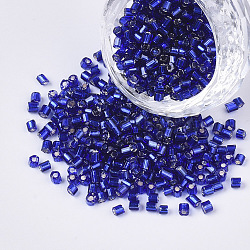 6/0 Glass Bugle Beads, Silver Lined, Blue, 3.5~5x3.5~4mm, Hole: 1mm, about 4500pcs/bag