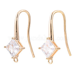 Brass Earring Hook, Ear Wire, with Vertical Loop, Cubic Zirconia, Clear, Nickel Free, Real 18K Gold Plated, 24x9mm, Hole: 1.2mm, 18 Gauge, Pin: 1mm