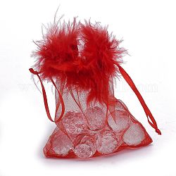 Сумочки из органзы , с кулиской и пером, ювелирные сумки, на свадьбу конфетные мешки, прямоугольные, красные, 12x10x0.07 см