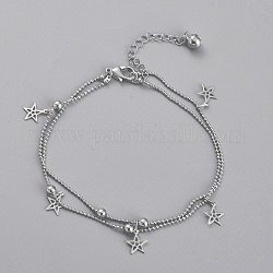 Brass Multi-Strand Anklets, with Ball Chains, Round Beads and Bell Charm, Star, Platinum, 8-1/2 inch(21.7cm)