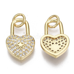 Brass Micro Pave Cubic Zirconia Pendants, with Jump Rings, Nickel Free, Heart Lock, Clear, Real 16K Gold Plated, 15x9.5x3mm, Hole: 3mm