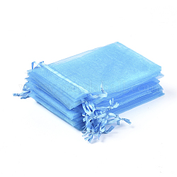 Deep Sky Blue Rectangle Jewelry Packing Drawable Pouches, Organza Gift Bags, 15x10cm