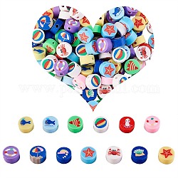 200Pcs Handmade Polymer Clay Beads, Flat Round with Mixed Ocean Patterns, Mixed Color, 9.5x5mm, Hole: 2mm