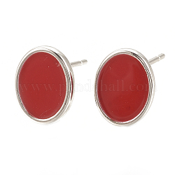 Brass Stud Earring Findings, with Enamel and Loop, Oval, Nickel Free, Real Platinum Plated, Red, 10x8mm, Hole: 1.2mm, Pin: 0.7mm