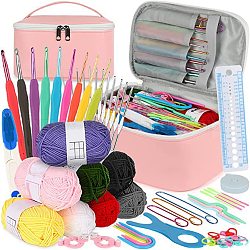 Kit de herramientas para tejer diy, incluyendo tablas enrolladoras, 8 hilos de colores, agujas, marcadores de puntadas, gobernante, tijeras, pompones, cinta métrica ganchos de crochet, color mezclado, 125~140mm