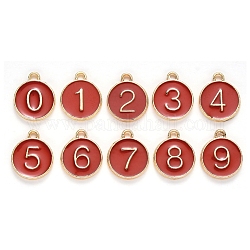 Ciondoli in lega smaltata oro chiaro, paillettes smaltate, piatta e rotonda con numero, numero  0~9, rosso scuro, 14.5x12x2.5mm, Foro: 1.4 mm, 10 pc / set