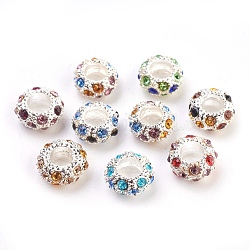 Perline in lega europeo, con perline di rhinestone, rondelle, colore metallico argento, colore misto, 11x5.5mm, Foro: 5 mm