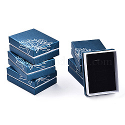 Cajas de joyería de cartón, estampado de flores por fuera y esponja negra por dentro, Rectángulo, azul marino, 9.1x6.9x3.5 cm