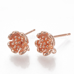 Brass Stud Earring Findings, with Loop, Flower, Nickel Free, Real Rose Gold Plated, 9.5x9.5mm, Hole: 1mm, Pin: 1mm