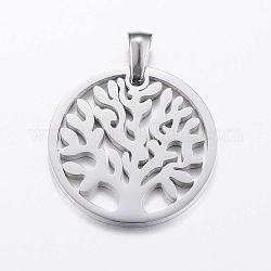 304 Stainless Steel Pendants, Flat Round with Tree of Life, Stainless Steel Color, 25x2mm, Hole: 3.5x5.5mm