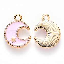 Alloy Enamel Pendants, Moon & Star, Light Gold, Pink, 16x13x2mm, Hole: 1.8mm