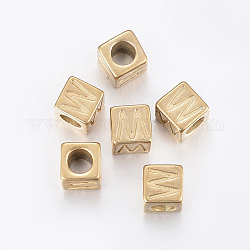 304 Edelstahl Großloch Brief europäischen Perlen, horizontales Loch, Würfel mit letter.w, golden, 8x8x8 mm, Bohrung: 5 mm