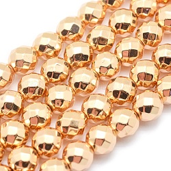 Chapelets de perles en hématite synthétique sans magnétiques, grade AAA, Plaqué longue durée, facette, ronde, plaqué or et de lumière, 4mm, Trou: 1mm, Environ 97 pcs/chapelet, 15 pouce
