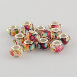 Large Hole Acrylic European Beads, with Silver Color Plated Brass Double Cores, Rondelle, Pale Violet Red, 14x9mm, Hole: 5mm
