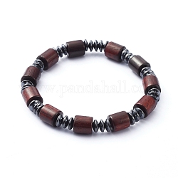 Stretch Bracelets, with Column Natural Wood Beads and Non-Magnetic Synthetic Hematite Beads, Saddle Brown, Inner Diameter: 2 inch(5cm)