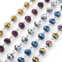 Handmade Electroplate Glass Beaded Chains, Unwelded, with Iron Eye Pin, Rondelle, Mixed Color, 14x8mm, 1m/strand, 39.37 inch