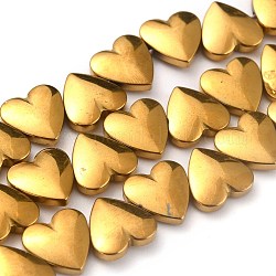 Non magnetici perle ematite sintetico fili, placcatura galvanica (ritenzione del colore per 1 anno), cuore, oro placcato, 10x10x3mm, Foro: 1 mm, circa 46pcs/filo, 16.14 pollice (41 cm)