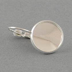 Brass Leverback Earring Findings, with Flat Round Tray, Silver Color Plated, Tray: 14mm, 27x16mm, pin: 0.8mm