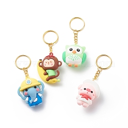 Porte-clés animal de dessin animé, hibou et cochon et singe et éléphant pvc porte-clés pendentif en plastique, avec les accessoires en fer, couleur mixte, 9.2~9.7 cm, 4 pièces / kit