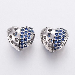 Ottone micro spianare perline europei zirconi, perline con foro grande, cavo, cuore, blu, platino, 10.5x11.5x9mm, Foro: 4.5 mm