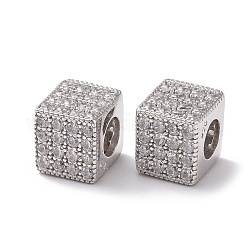 Perles 925 en argent sterling, avec zircons, Platine plaqué réel, cube, clair, 7x7.5x7.5mm, Trou: 3.8mm