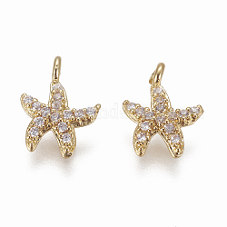 Brass Micro Pave Cubic Zirconia Charms, Starfish/Sea Stars, Clear, Golden, 10.5x8x2mm, Hole: 1mm