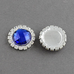 Shining Flat Back Faceted Half Round Acrylic Rhinestone Cabochons, with Grade A Crystal Rhinestones and Brass Cabochon Settings, Silver Metal Color, Blue, 21x5.5mm