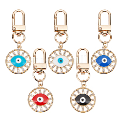 arricraft 5 Pcs Evil Eye Keychain, 5 Colors Light Gold Clasp Evil Eye Protection Charm Flat Round Alloy Good Luck Keychain for Handbag Hooks Home Decoration