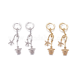 Brass Micro Pave Cubic Zirconia Dangle Hoop Earrings, Sea Turtle with Starfish/Sea Stars, Clear, Platinum & Golden, 53mm, Pin: 1mm