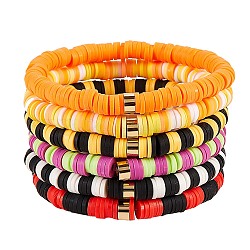 Handmade Polymer Clay Heishi Beads Stretch Bracelets Sets, with Golden Plated Stainless Steel Spacer Beads, Mixed Color, Inner Diameter: 2 inch(5.2cm), 6pcs/set