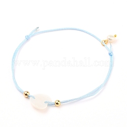 Bracelet ajustable en cordon tressé en polyester, lien bracelet, avec perles rondes naturelles, perles en laiton et maillons coquillage, cœur, bleu clair, diamètre intérieur: 2-1/8~3 pouce (5.4~7.5 cm)