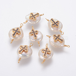 Conectores de eslabones de perlas naturales, con micro latón allanar fornituras de circonio cúbico, pepitas con cruz, dorado, azul oscuro, 22~30x12~14x6~8mm, agujero: 1.6 mm