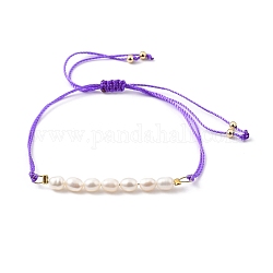 Verstellbare Nylonschnur geflochtenen Perlen Armbänder, mit natürlichen kultivierten Süßwasserperlenperlen und vergoldeten Messingperlen, blau violett, Innendurchmesser: 1/2 Zoll ~ 3-3/4 Zoll (1.4~9.5 cm)