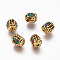 Oval Handmade Indonesia Beads, with Alloy Antique Bronze Metal Color Cores, FireBrick and Teal, 11x9.5x9mm, Hole: 2mm
