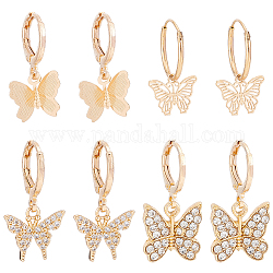 Anattasoul 4 paire de boucles d'oreilles pendantes en laiton et alliage 4 styles pour femme, papillon, or clair, 23.5~27x12~15mm, 1 paire/style