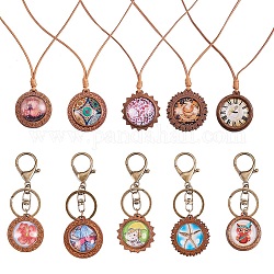 SUNNYCLUE DIY Keychain, with Wood Pendant Cabochon Settings, Clear Glass Cabochons, Waxed Polyester Cord, Brass Jump Rings and Iron Lobster Clasp Keychain, Mixed Color