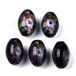 Perlas de vidrio opacas impresas y pintadas con spray, oval con estampado de flores, negro, 15x10mm, agujero: 1.6 mm