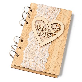 Wooden Wedding Guestbooks Notepad, for Wedding Decoration, Heart with Word Mr & Mrs, BurlyWood, 176x106x11.5mm