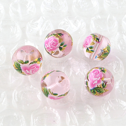 Rosenblumenmuster runden Glasperlen gedruckt GFB-R004-10mm-W01-1