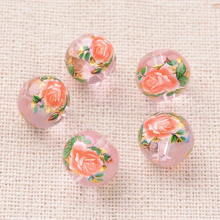 Flower Picture Printed Glass Round Beads GLAA-J088-10mm-A02-1