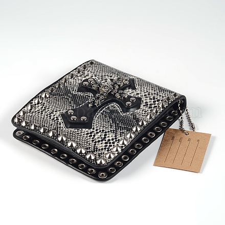 スカルリベットスタッズ付きヘビ革模様レザー財布とパンクロックスタイルメンズクロス  亜鉛合金パーツ  ブラック  12x10x3.2cm ABAG-N004-01-1