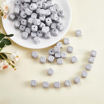 20 pièces gris cube lettre silicone perles 12x12x12mm dés carrés alphabet perles avec 2mm trou entretoise lâche lettre perles pour bracelet collier fabrication de bijoux JX436O-1