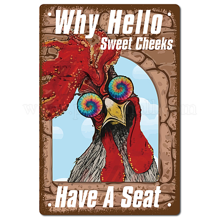 CREATCABIN Rooster Why Hello Sweet Cheeks Sign Chicken Vintage Tin Signs Funny Metal Tin Sign Wall Art Garden House Plaque for Bathroom Kitchen Cafe Wall Halloween Christmas Decor AJEW-WH0157-461-1