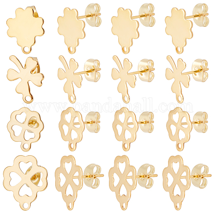 Beebeecraft 1 Box 80Pcs 4 Style Earring Stud Findings 24K Gold Plated Four Leaf Clover Ear Stud Component with Loops Spring Earring Component for Birthday Spring Anniversary Jewelry Making EJEW-BBC0001-06-1