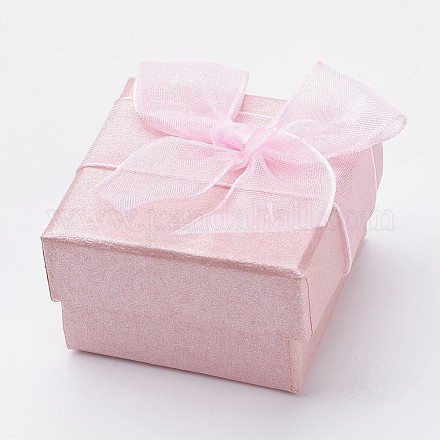 厚紙のリングボックス  オーガンジーちょう結びに  正方形  ピンク  5x5x3.1cm X-CBOX-G011-B04-1