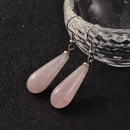 Orecchini pendenti a goccia in ottone color platino con quarzo rosa naturale EJEW-M058-10-1