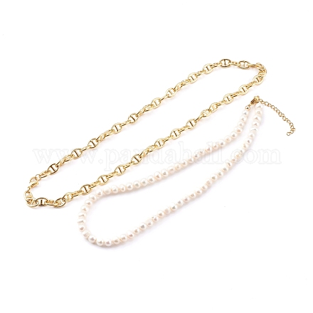 Brass Mariner Link Chain Necklaces & Natural Pearl Beaded Necklaces Sets NJEW-JN03332-1