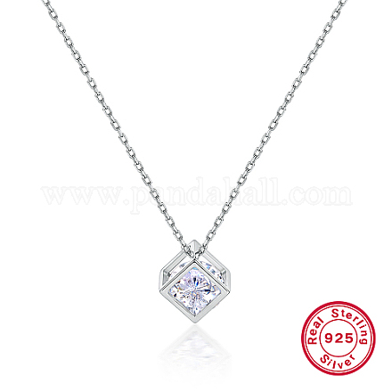 Rhodium Plated 925 Sterling Silver Cube Pendant Necklaces with Cubic Zirconia LS6808-2-1